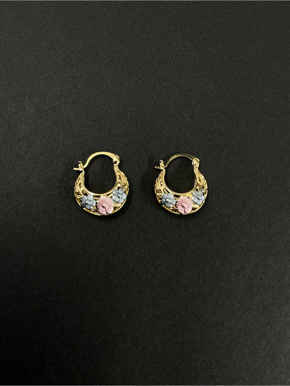 18 k. Gold filled Floral Hoop Earrings with Pink and Light Blue Enamel Flowers